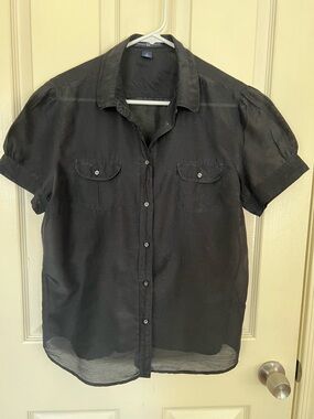 Gap Black Sheer Button Front Blouse Cotton Silk Short Sleeve Women’s 16 XL